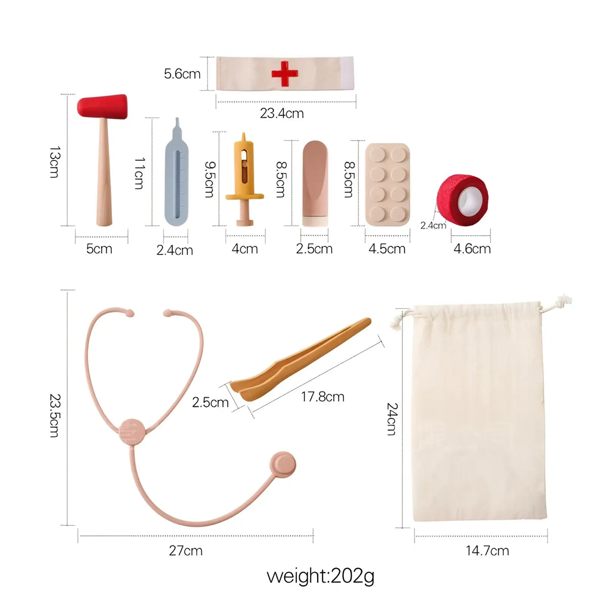 Pink plastic stethoscope with rounded earpieces and circular connector from kids doctor kit wooden and silicone medical toy set
