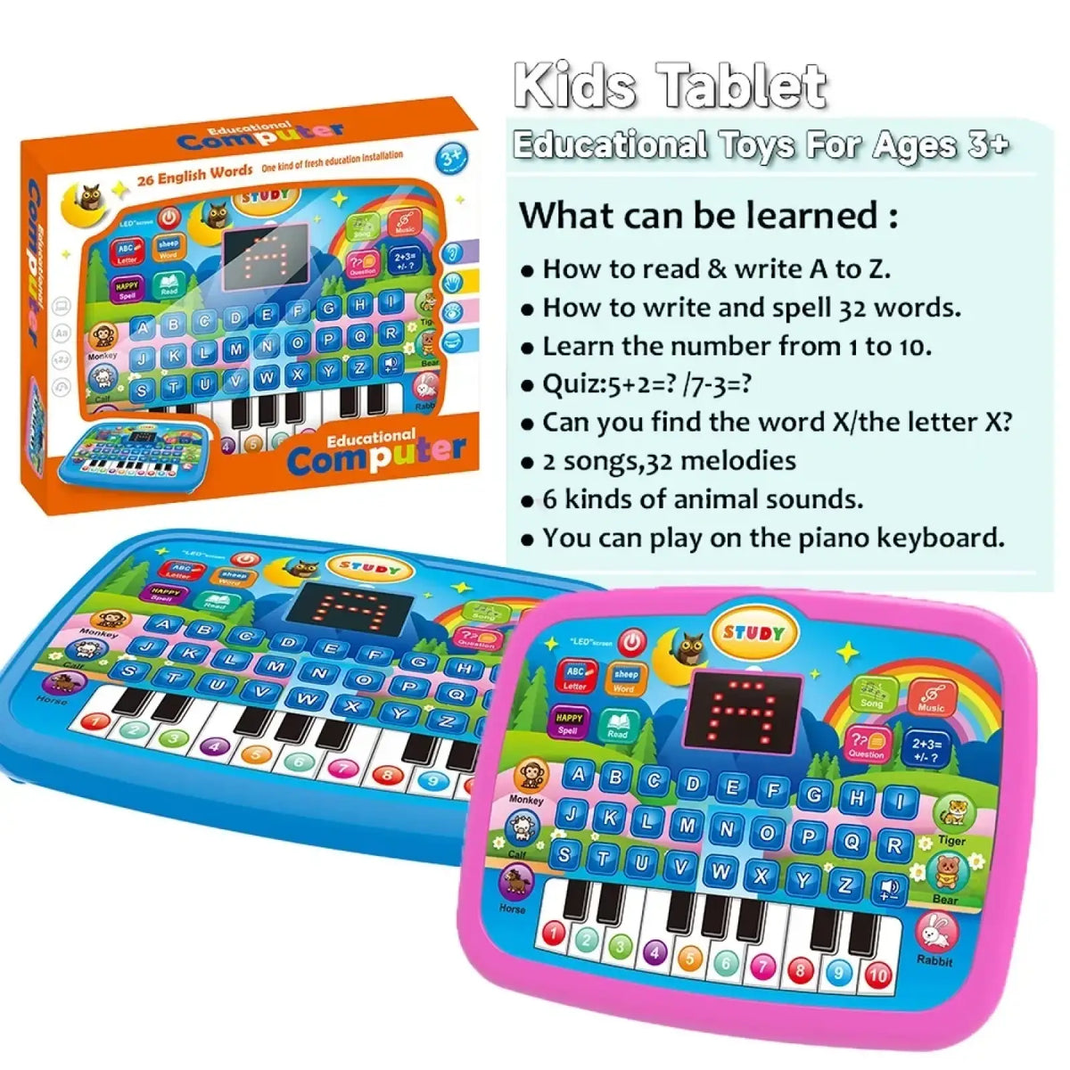 Kids educational tablet toy and musical keyboard in blue and pink with colorful keys and animal-themed learning buttons