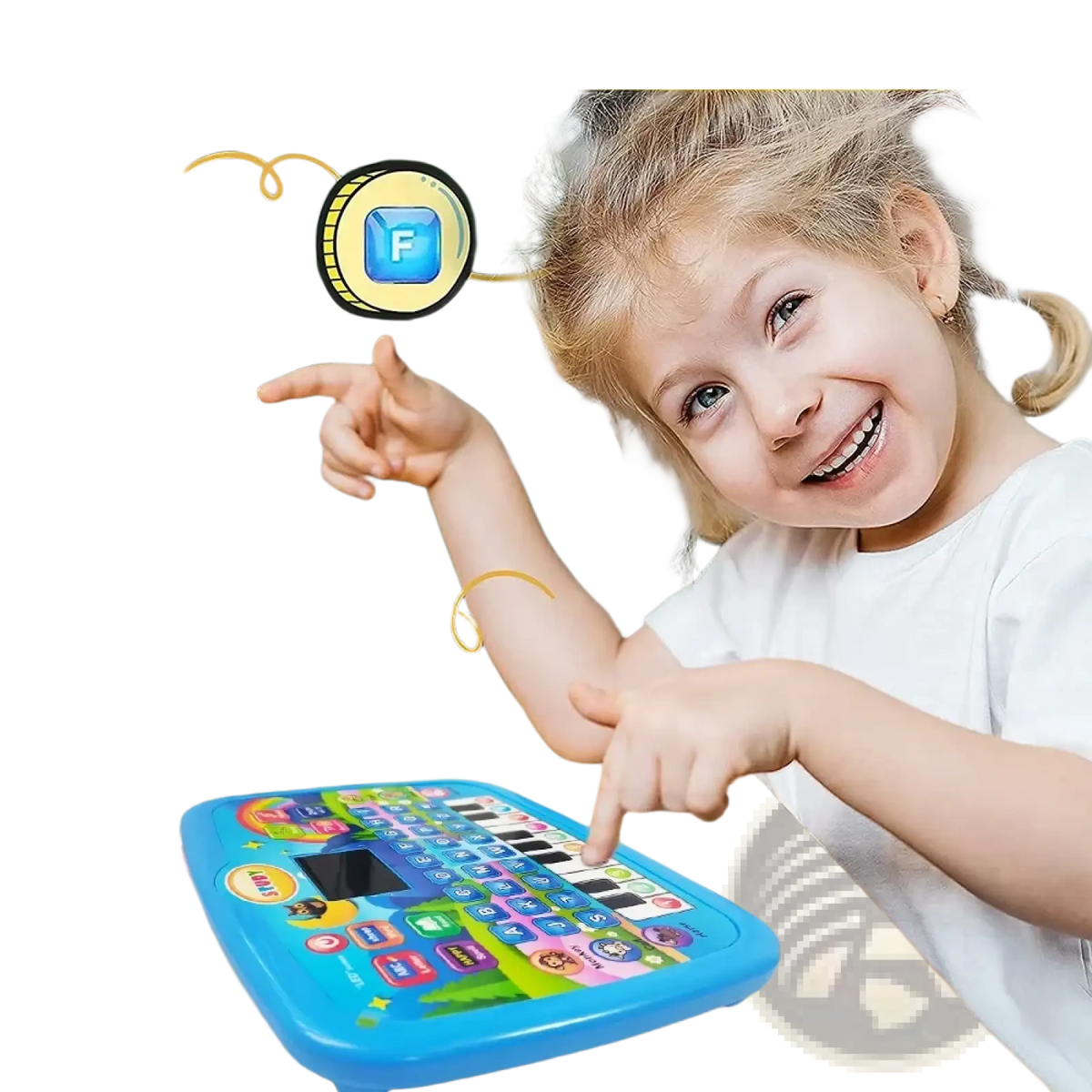 Blue plastic kids educational tablet toy and musical keyboard with colorful buttons and a small screen for learning