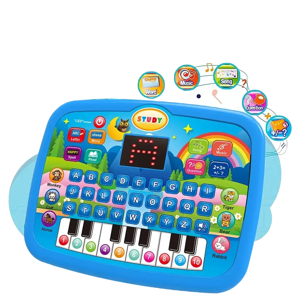 Blue plastic kids educational tablet toy with colorful buttons keyboard and cartoon animal icons for learning and music