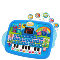 Blue plastic kids educational tablet toy with colorful buttons keyboard and cartoon animal icons for learning and music