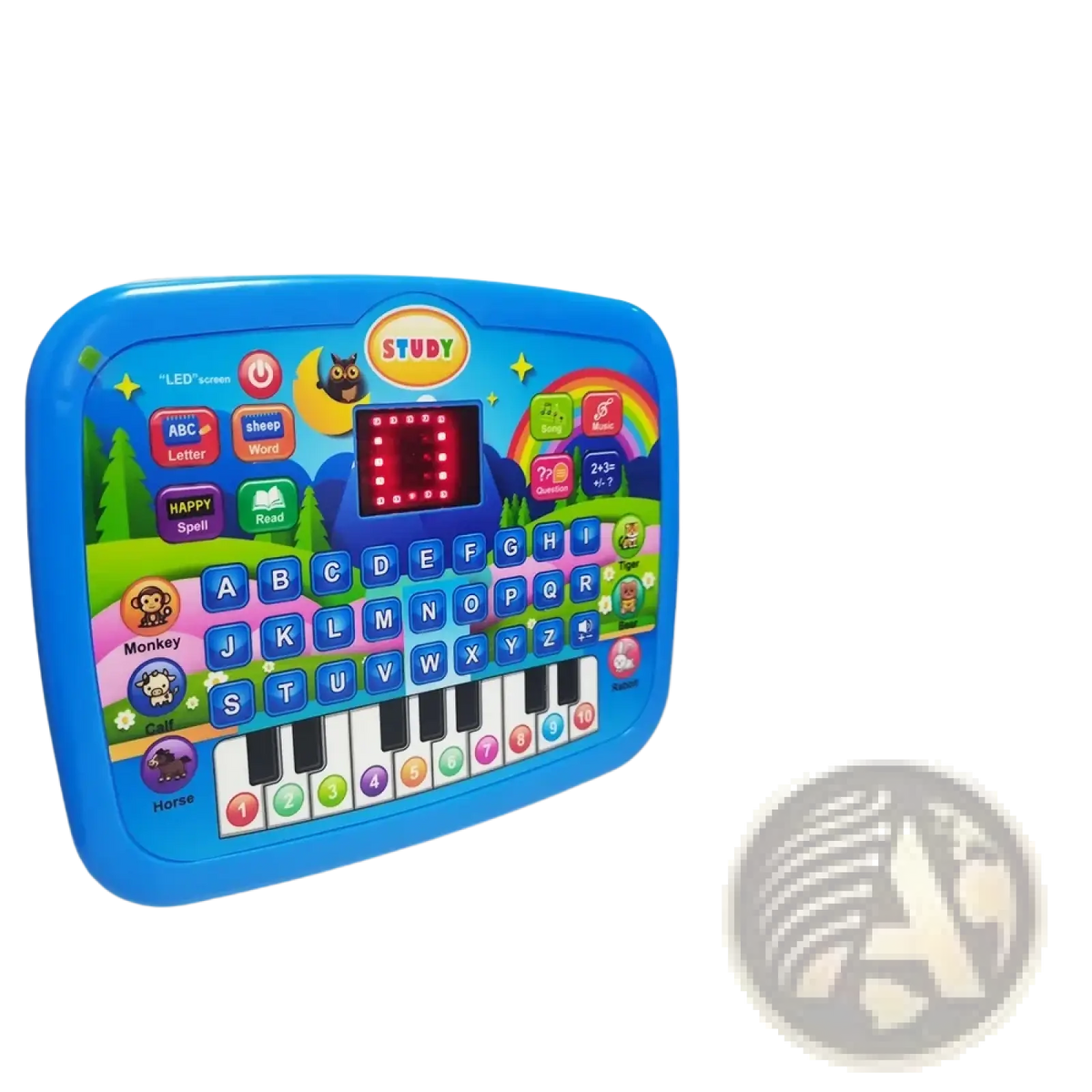 Blue plastic kids educational tablet toy and musical keyboard with colorful buttons red led screen and cartoon animal icons