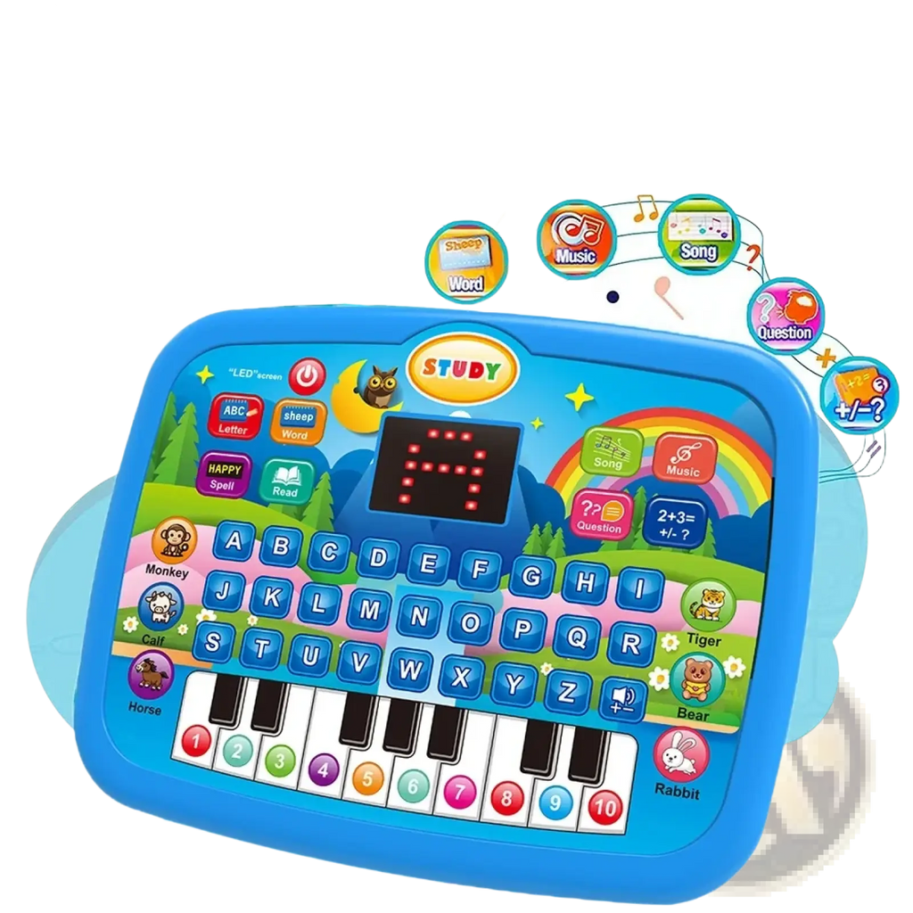 Blue plastic kids educational tablet toy with colorful buttons keyboard and cartoon animal icons for learning and music