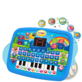Blue plastic kids educational tablet toy with colorful buttons keyboard and cartoon animal icons for learning and music