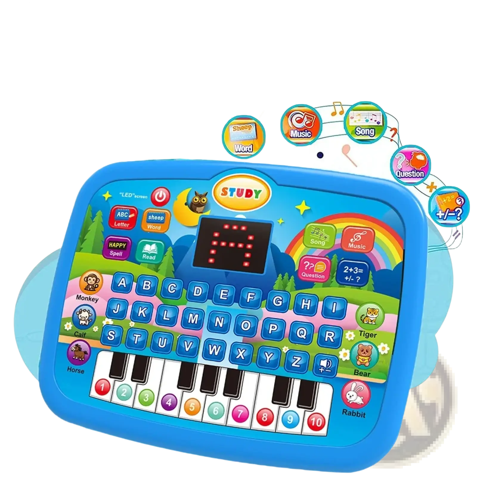 Blue plastic kids educational tablet toy with colorful buttons keyboard and cartoon animal icons for learning and music