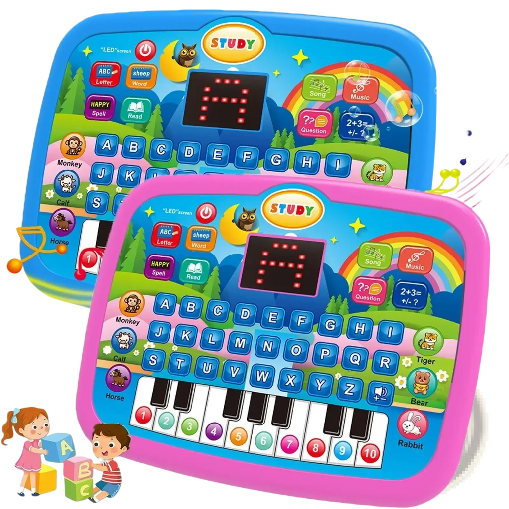 Kids educational tablet toy and musical keyboard in pink and blue with colorful buttons and cartoon animal icons
