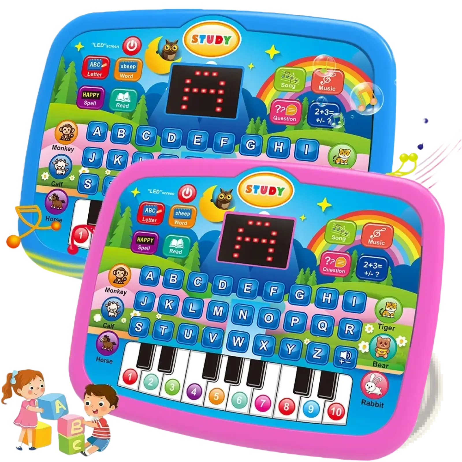 Kids educational tablet toy and musical keyboard in pink and blue with colorful buttons and cartoon animal icons