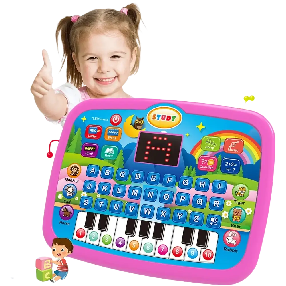 Pink children’s educational tablet toy and musical keyboard with colorful buttons, LED screen, and learning keys