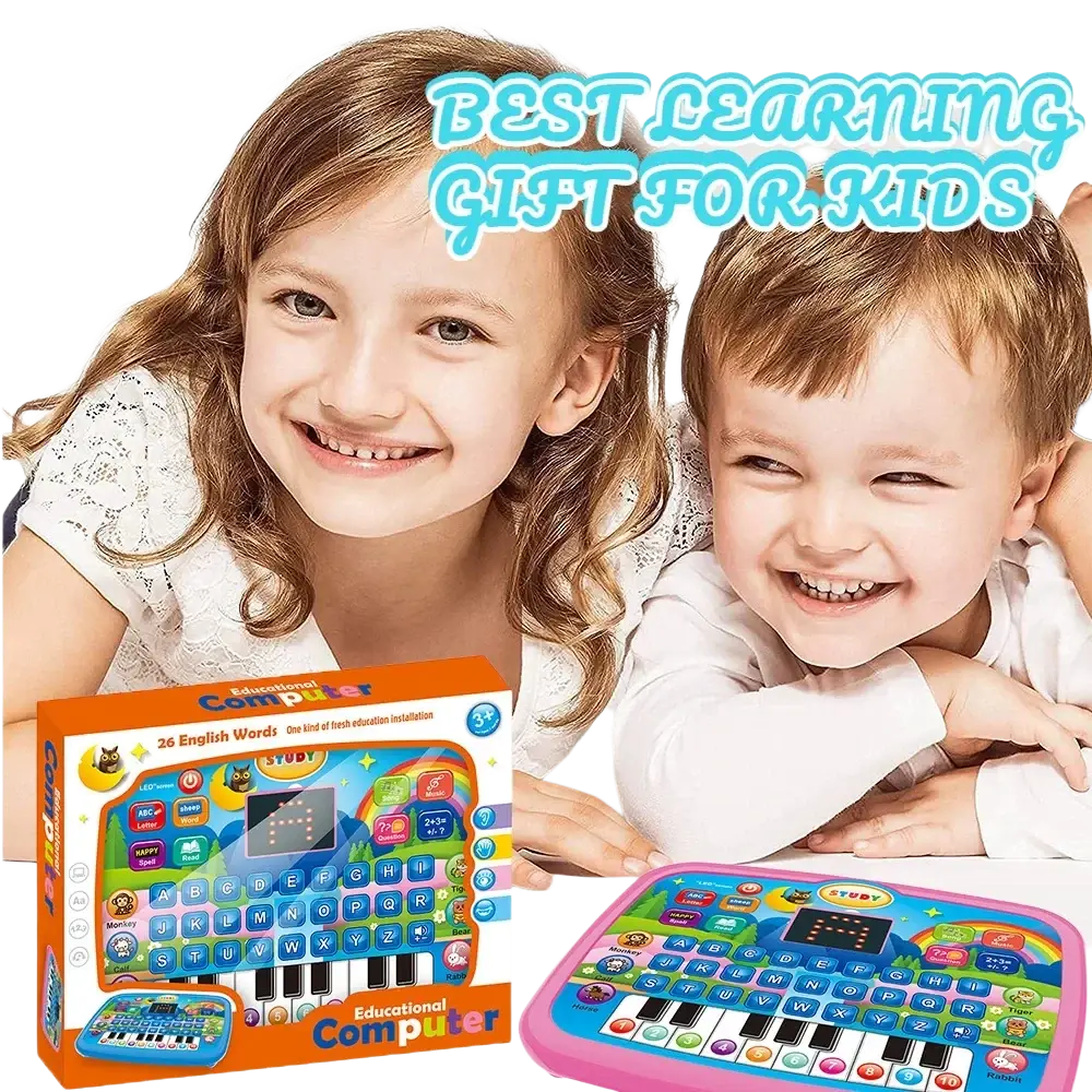 Pink kids educational tablet toy and musical keyboard with colorful buttons and a child-friendly design for learning