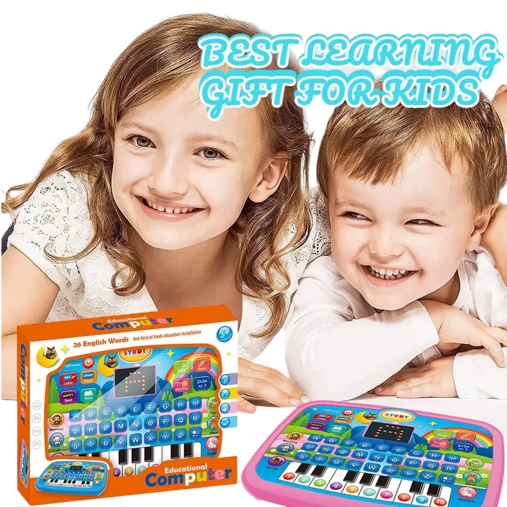 Pink kids educational tablet toy and musical keyboard with colorful buttons and a child-friendly design for learning