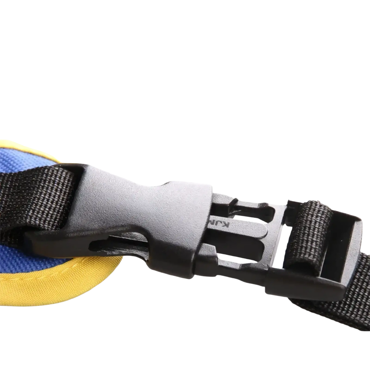 Black plastic safety anti-slip lock buckle attached to blue and yellow fabric strap on kids electric motorcycle safety harness