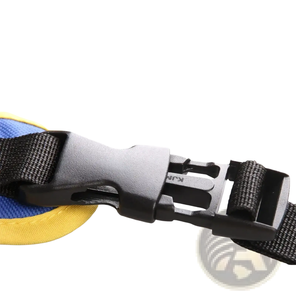 Black plastic safety anti-slip lock buckle attached to blue and yellow fabric strap on kids electric motorcycle safety harness