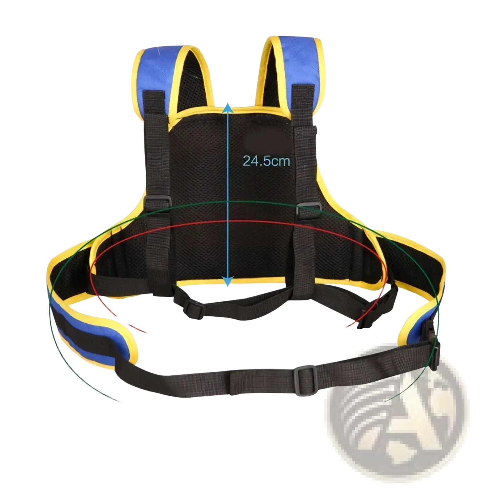 Blue and yellow kids electric motorcycle safety harness with black mesh panels and adjustable straps for waist 60-140cm