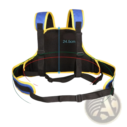 Blue and yellow kids electric motorcycle safety harness with black mesh panels and adjustable straps for waist 60-140cm