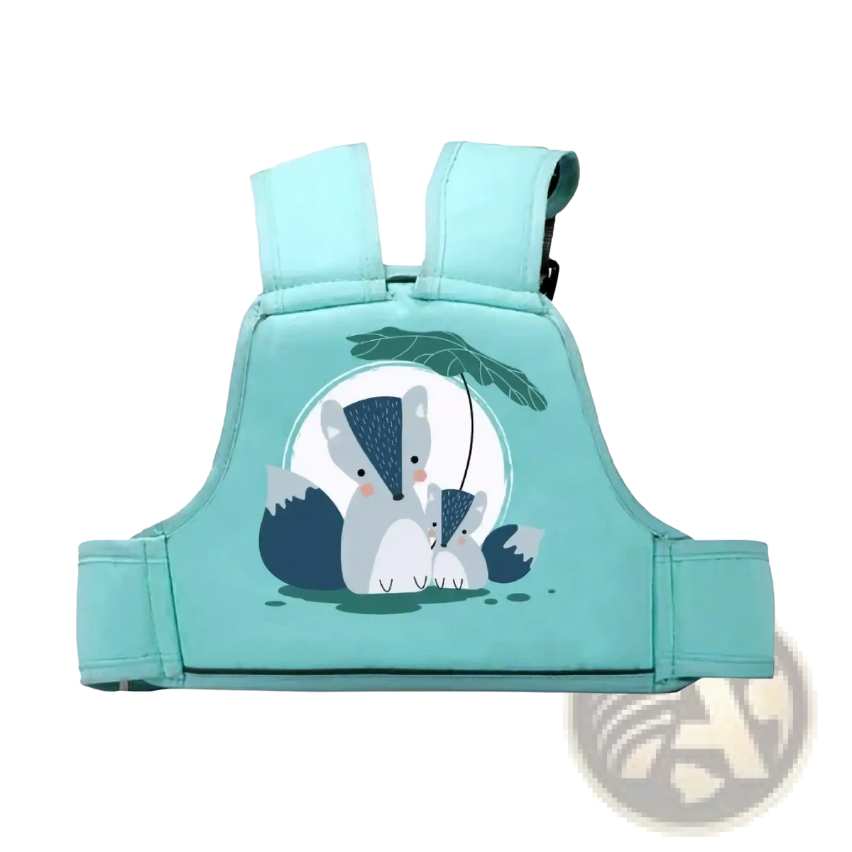 A light teal kids electric motorcycle safety harness with a cute cartoon illustration of two foxes under an umbrella