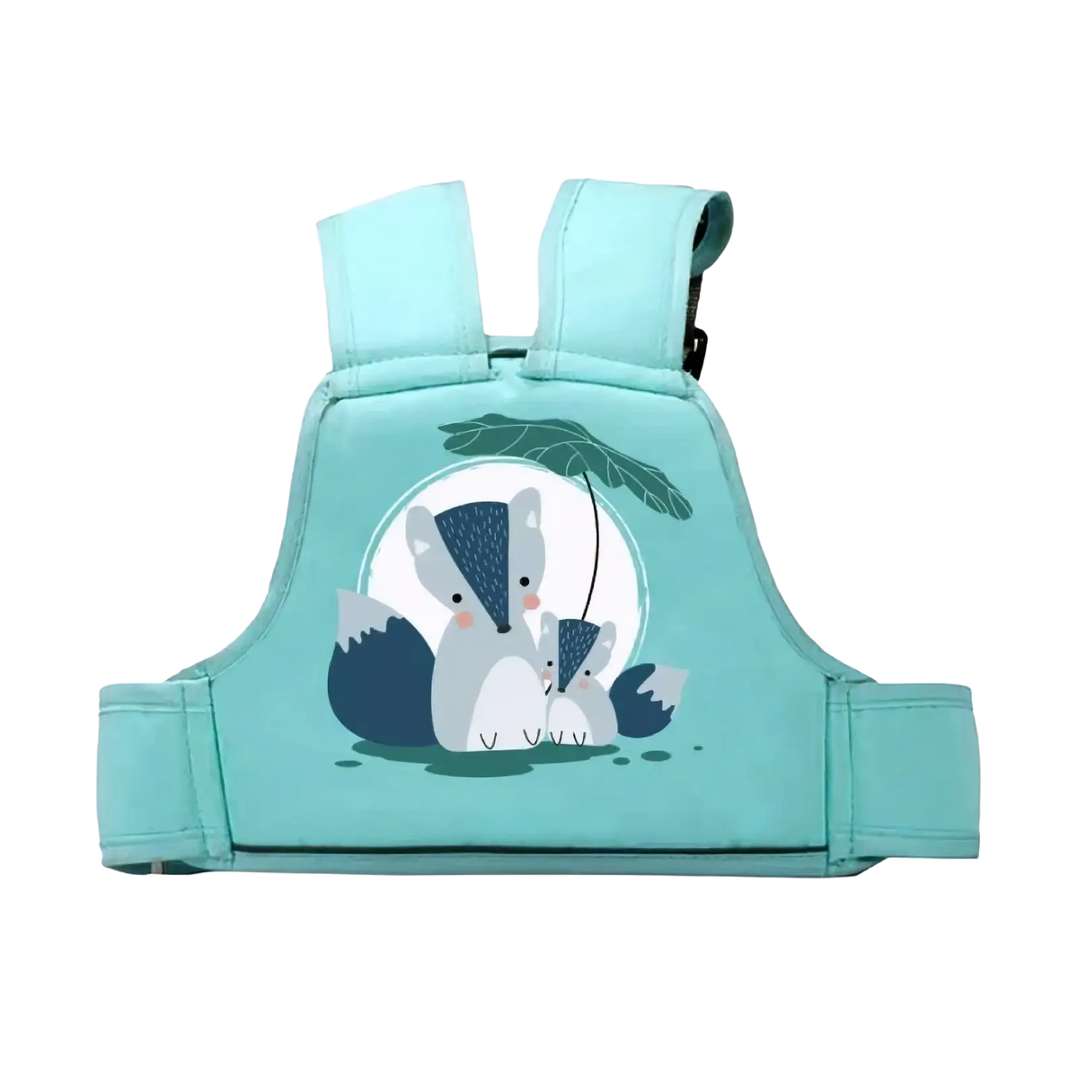 A light teal kids electric motorcycle safety harness with a cute cartoon illustration of two foxes under an umbrella
