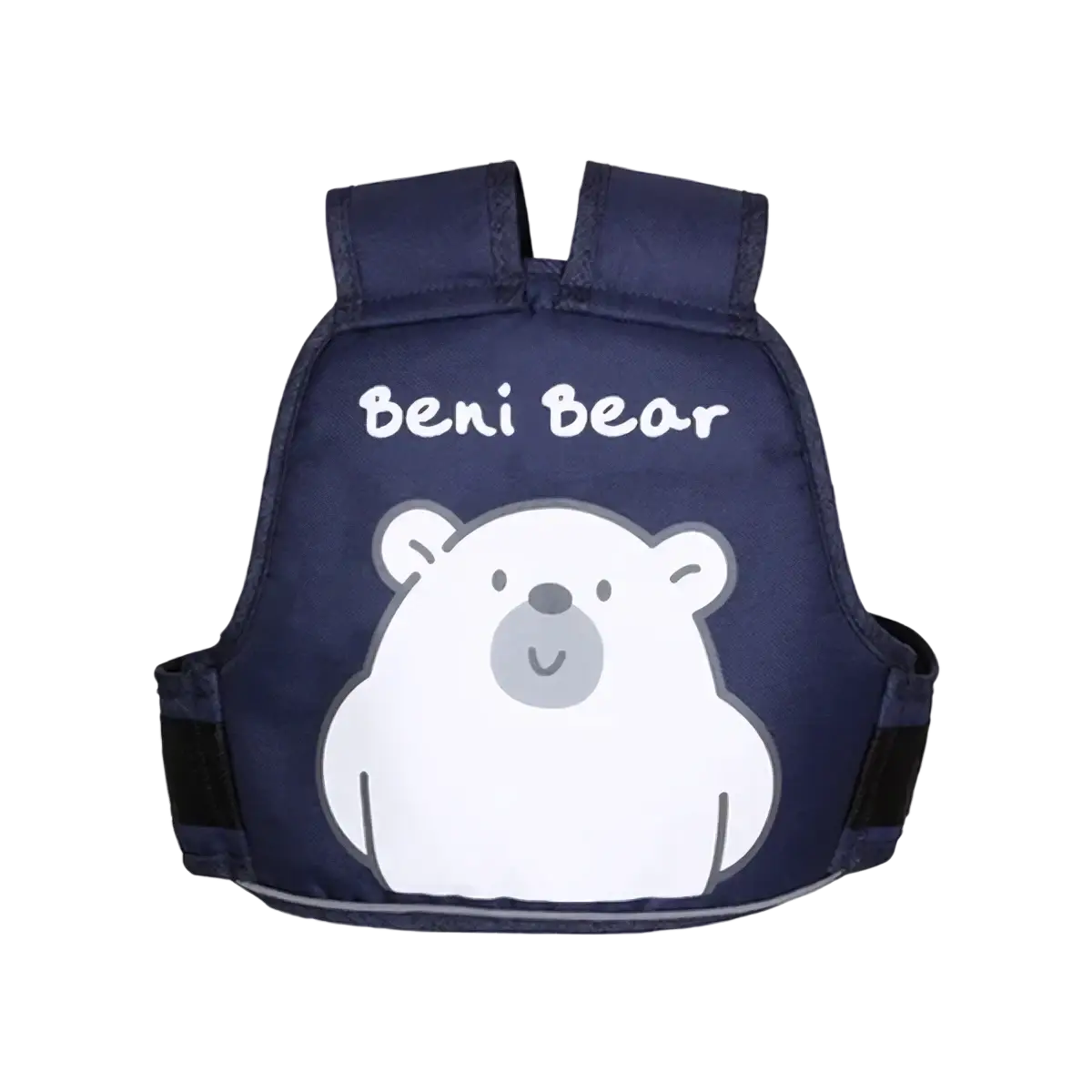 Navy blue beni bear toddler safety vest with white polar bear graphic and gray accents for kids electric motorcycle safety harness
