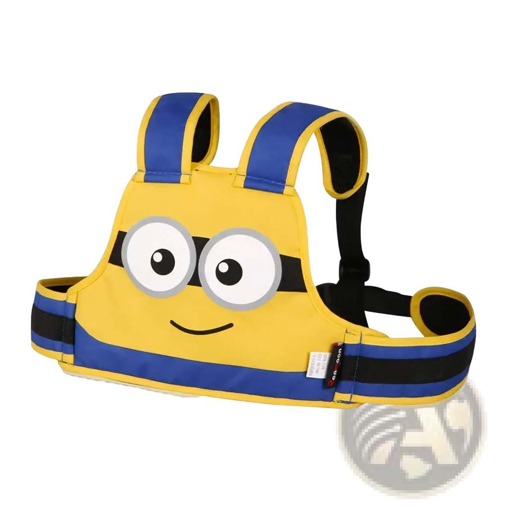Kids electric motorcycle safety harness with yellow and blue minion theme and black accents designed for child safety