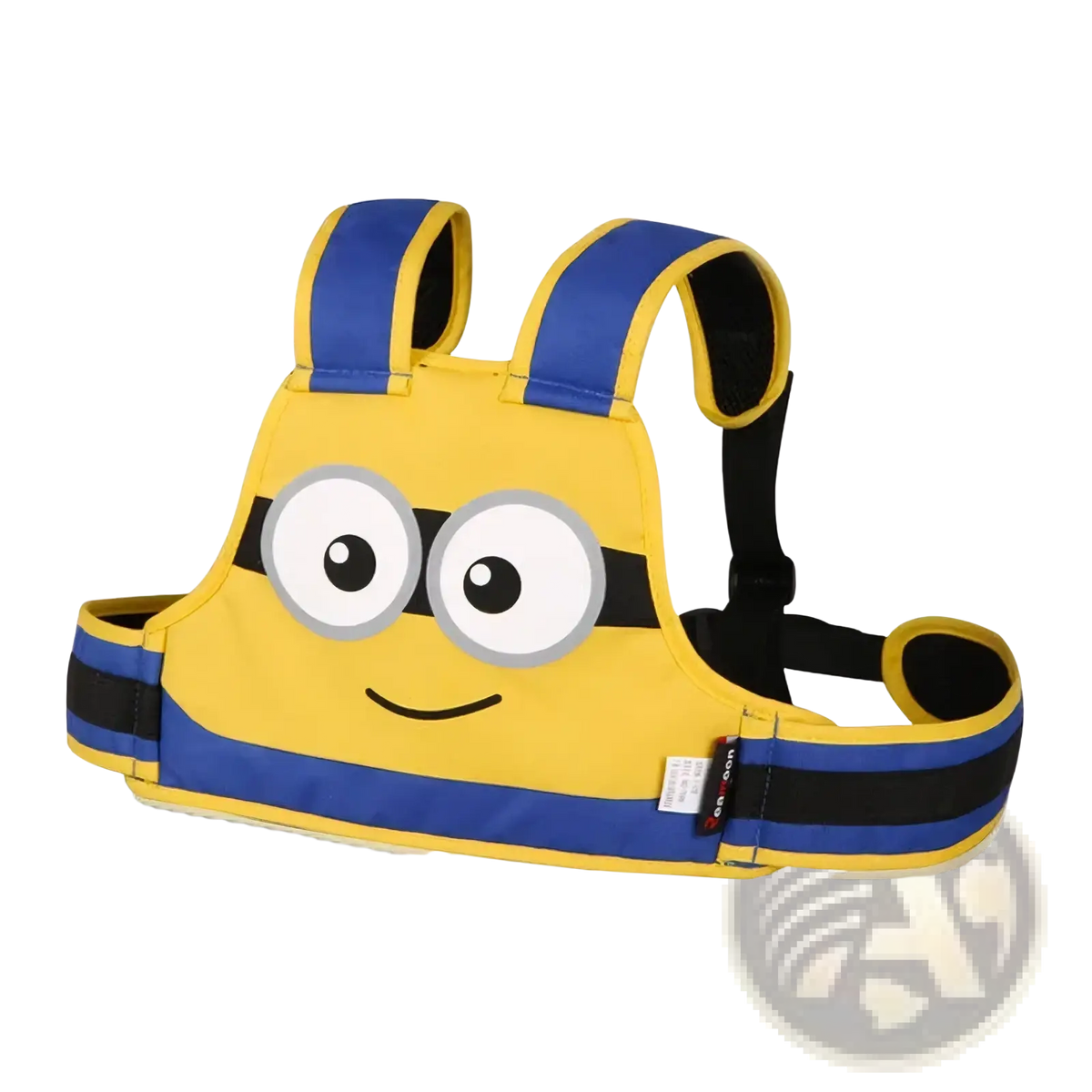 Kids electric motorcycle safety harness with yellow and blue minion theme and black accents designed for child safety
