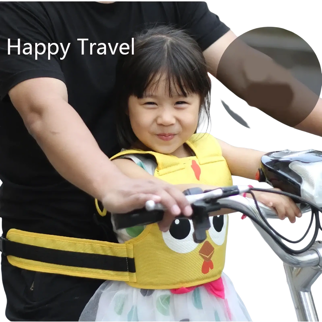 Yellow chick-themed child safety seat belt with black straps and red beak detail for kids electric motorcycle safety harness
