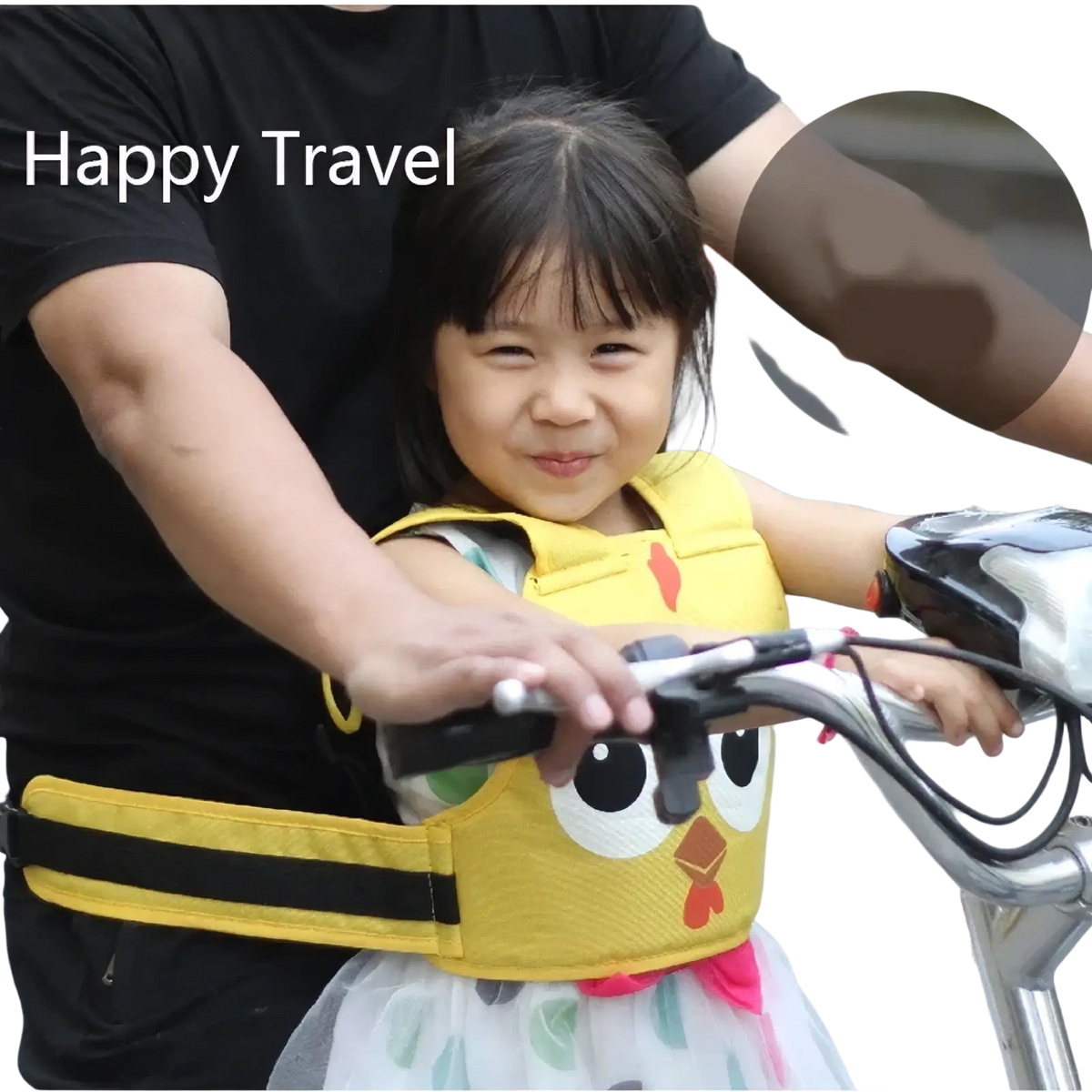 Yellow chick-themed child safety seat belt with black straps and red beak detail for kids electric motorcycle safety harness