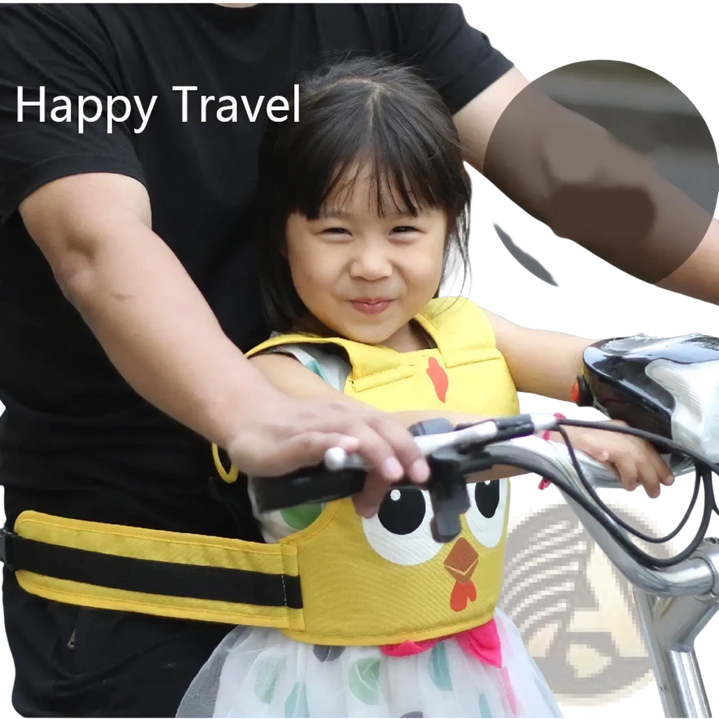 Yellow chick-themed child safety seat belt with black straps and red beak detail for kids electric motorcycle safety harness