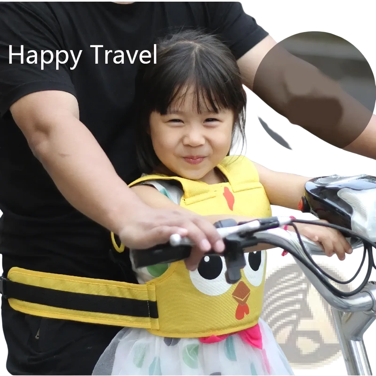 Yellow chick-themed child safety seat belt with black straps and red beak detail for kids electric motorcycle safety harness