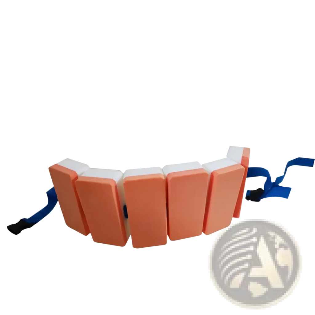Kids eva swim training back float belt with orange and white foam and blue adjustable straps shown from the back side