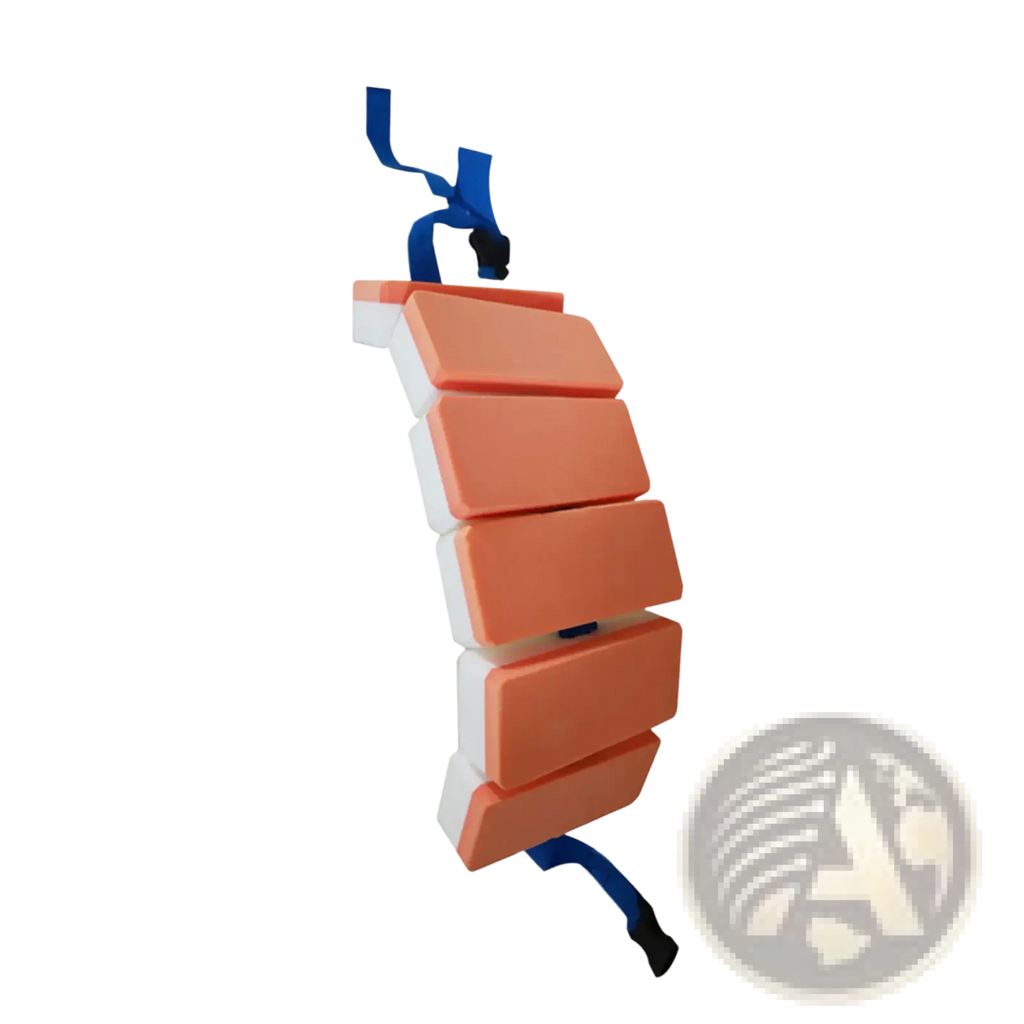 Kids eva swim training back float belt in orange and white segmented foam with blue straps for flotation support