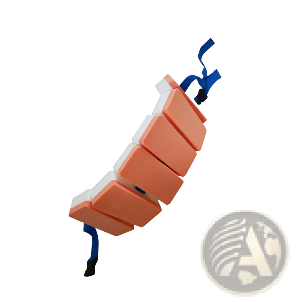 Orange and white segmented eva foam kids swim training back float belt with blue straps shown from the back side