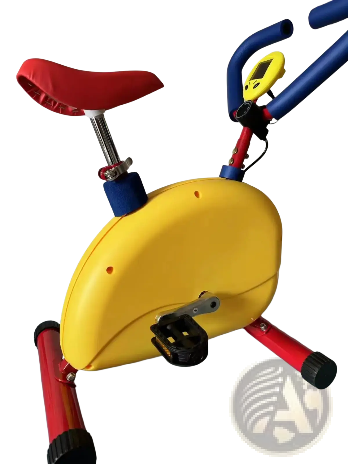 Bright yellow and red kids exercise bike with blue handlebars, digital display, and black pedals for fitness riding