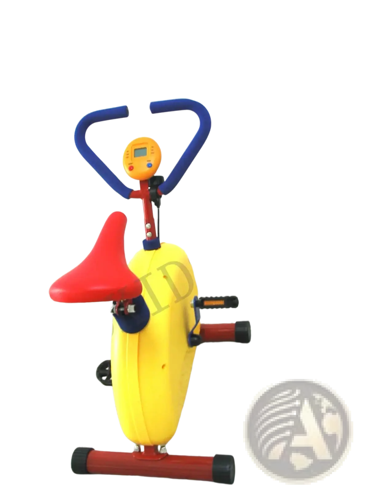 Bright yellow and red kids exercise bike fitness rider with blue handlebars and digital display for indoor use