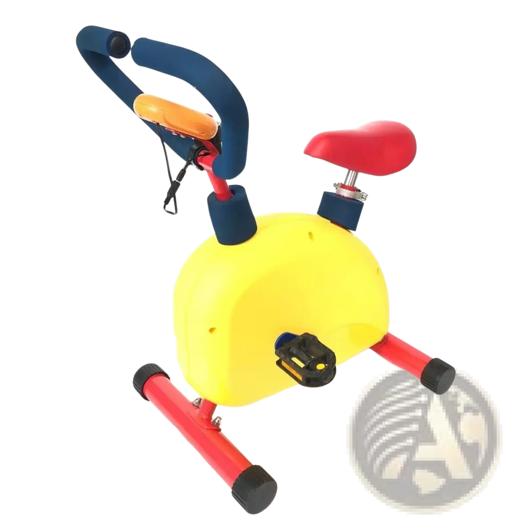 Kids exercise bike fitness rider equipment with bright yellow red and blue frame and heart-shaped seat for comfort
