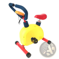 Kids exercise bike fitness rider equipment with bright yellow red and blue frame and heart-shaped seat for comfort