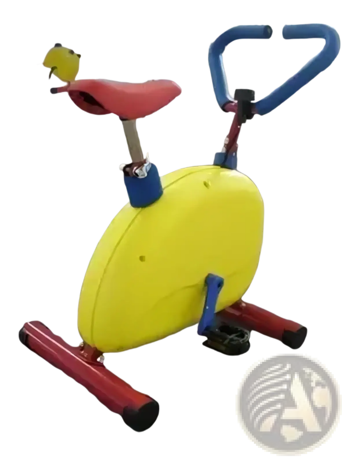 Yellow and blue kids exercise bike with red pedals and handlebars for fitness rider equipment use