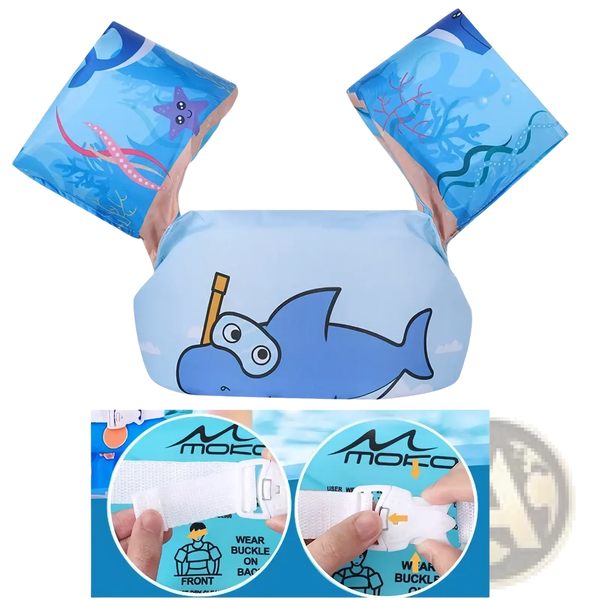 Blue inflatable kids foam swim armbands with cartoon shark design and ocean-themed patterns for safe swimming