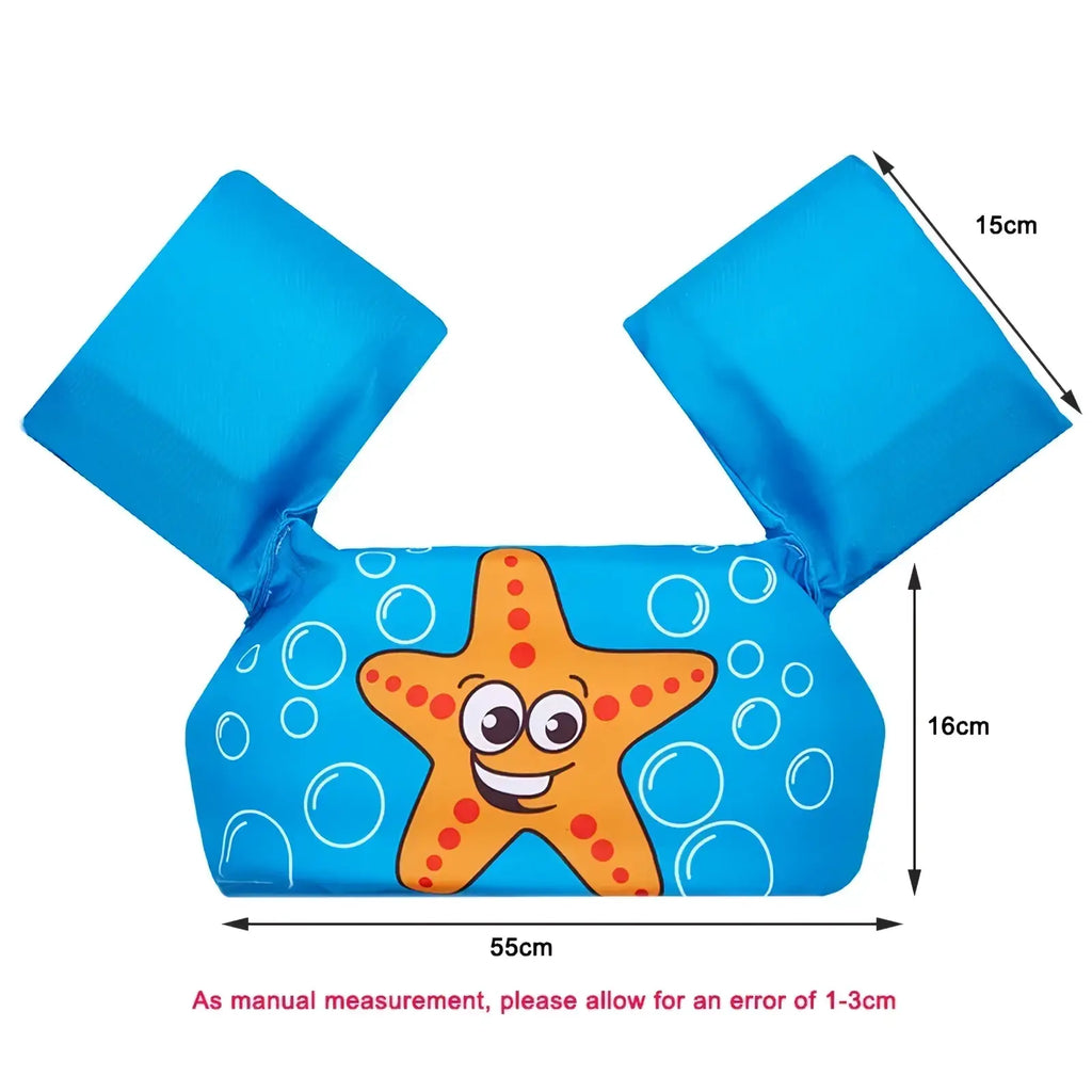 Bright blue inflatable kids foam swim armbands with cheerful orange starfish and white bubble patterns for swimming safety
