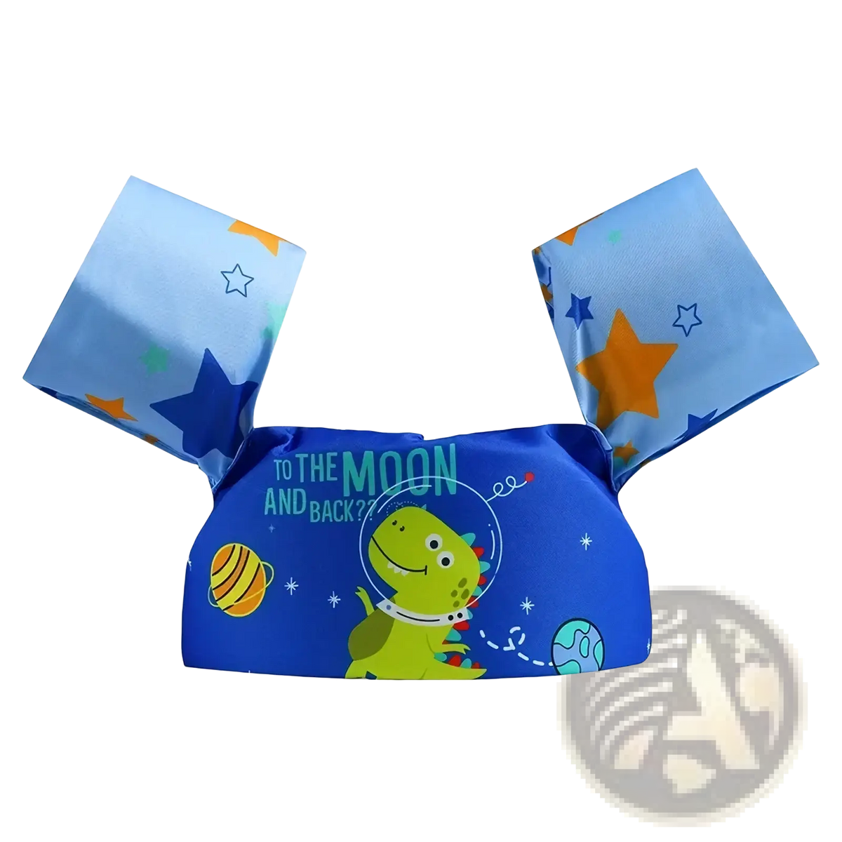 Blue foam kids swim armbands featuring a green dinosaur astronaut and space design for swimming safety