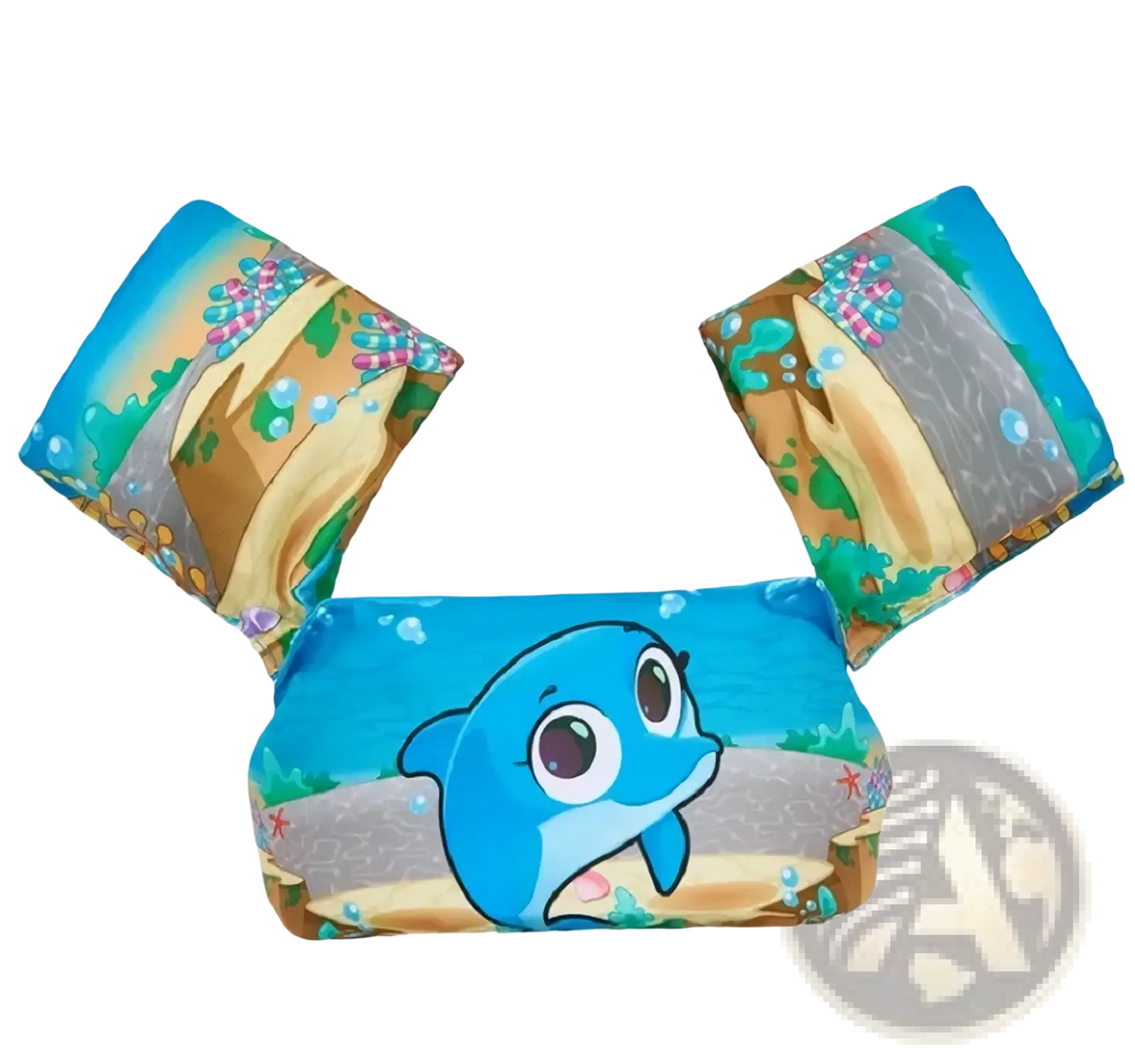 Blue foam kids swim armbands with cartoon dolphin and underwater design for shark float vest safety
