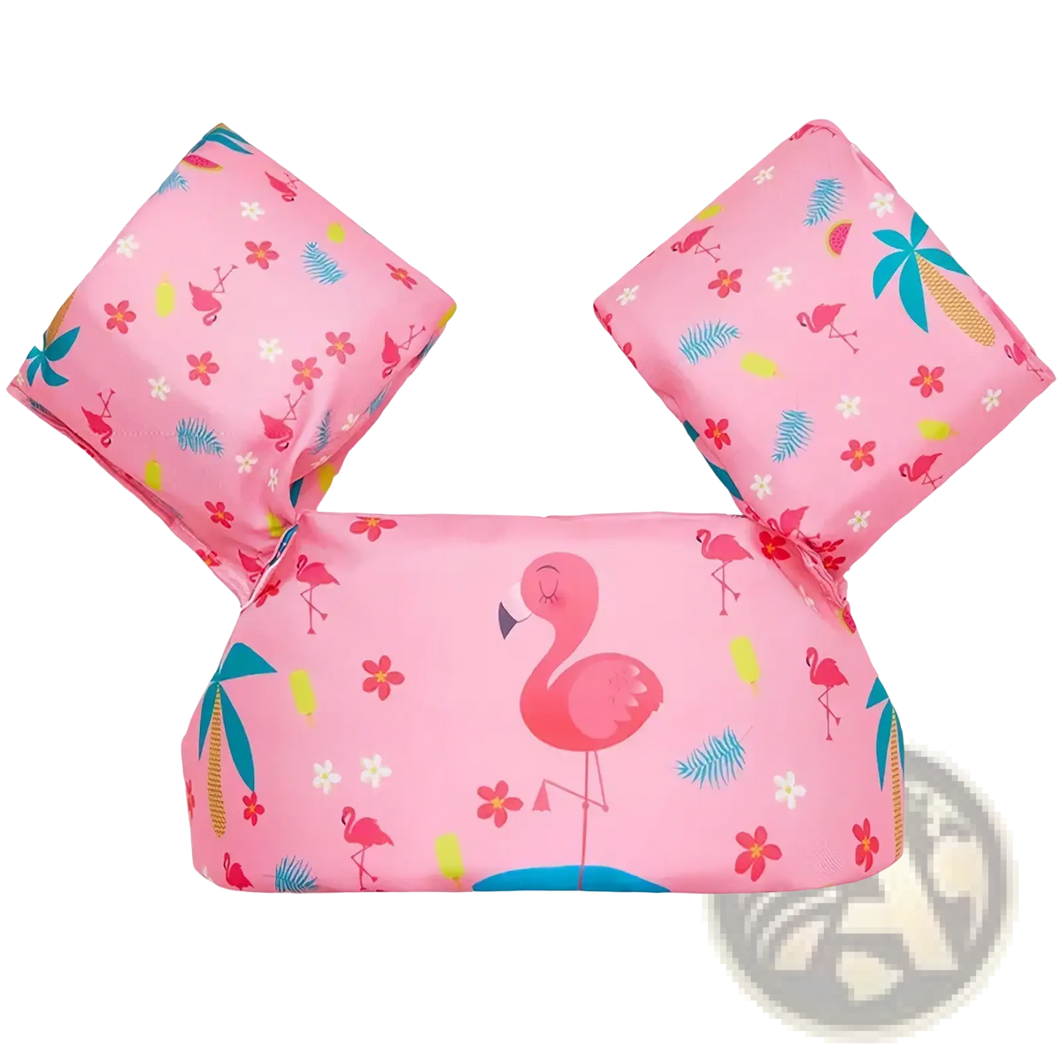 Pink inflatable swim float with tropical flamingo pattern and colorful floral accents for kids foam swim armbands shark float vest