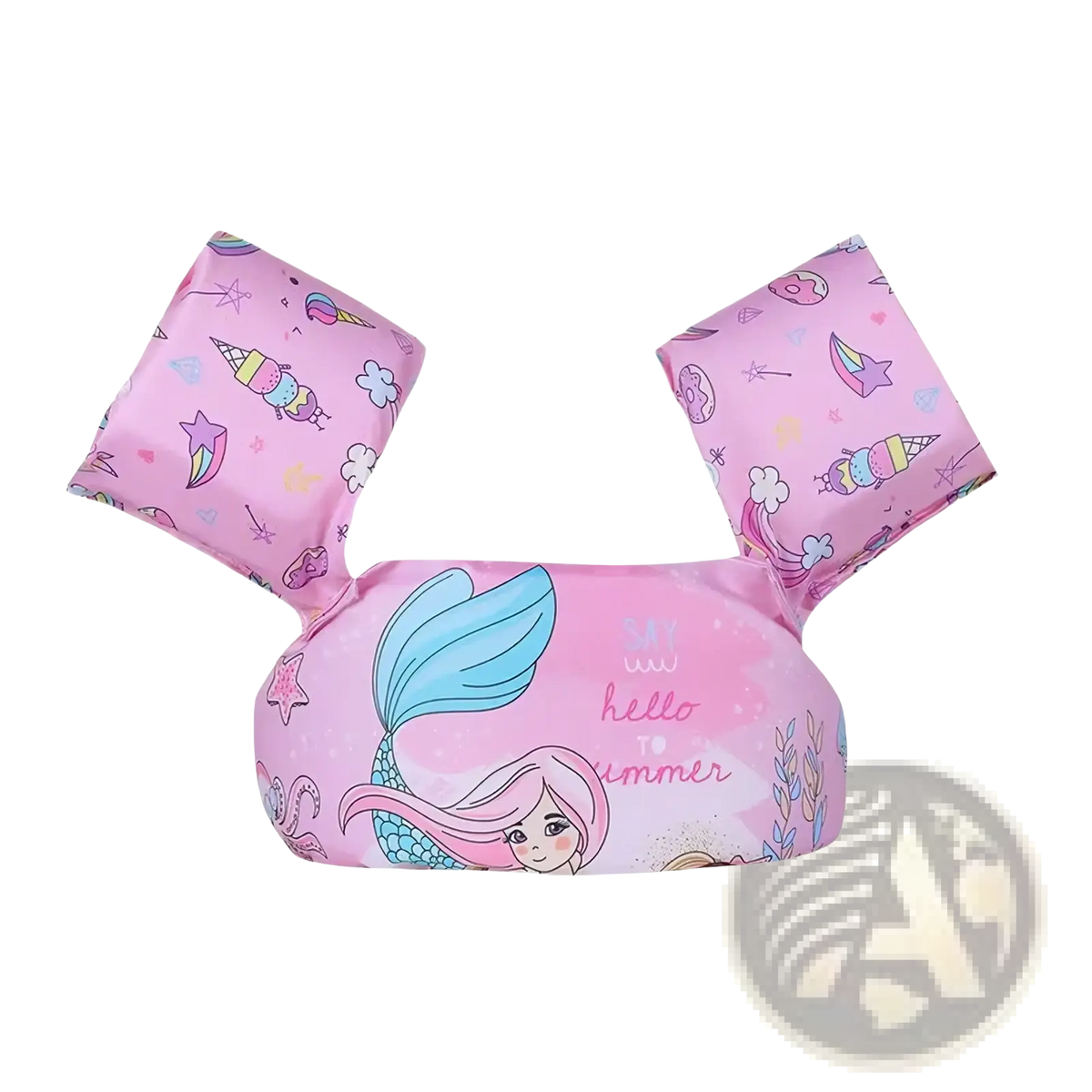 Pink inflatable kids foam swim armbands featuring a turquoise mermaid and summer-themed designs for pool safety