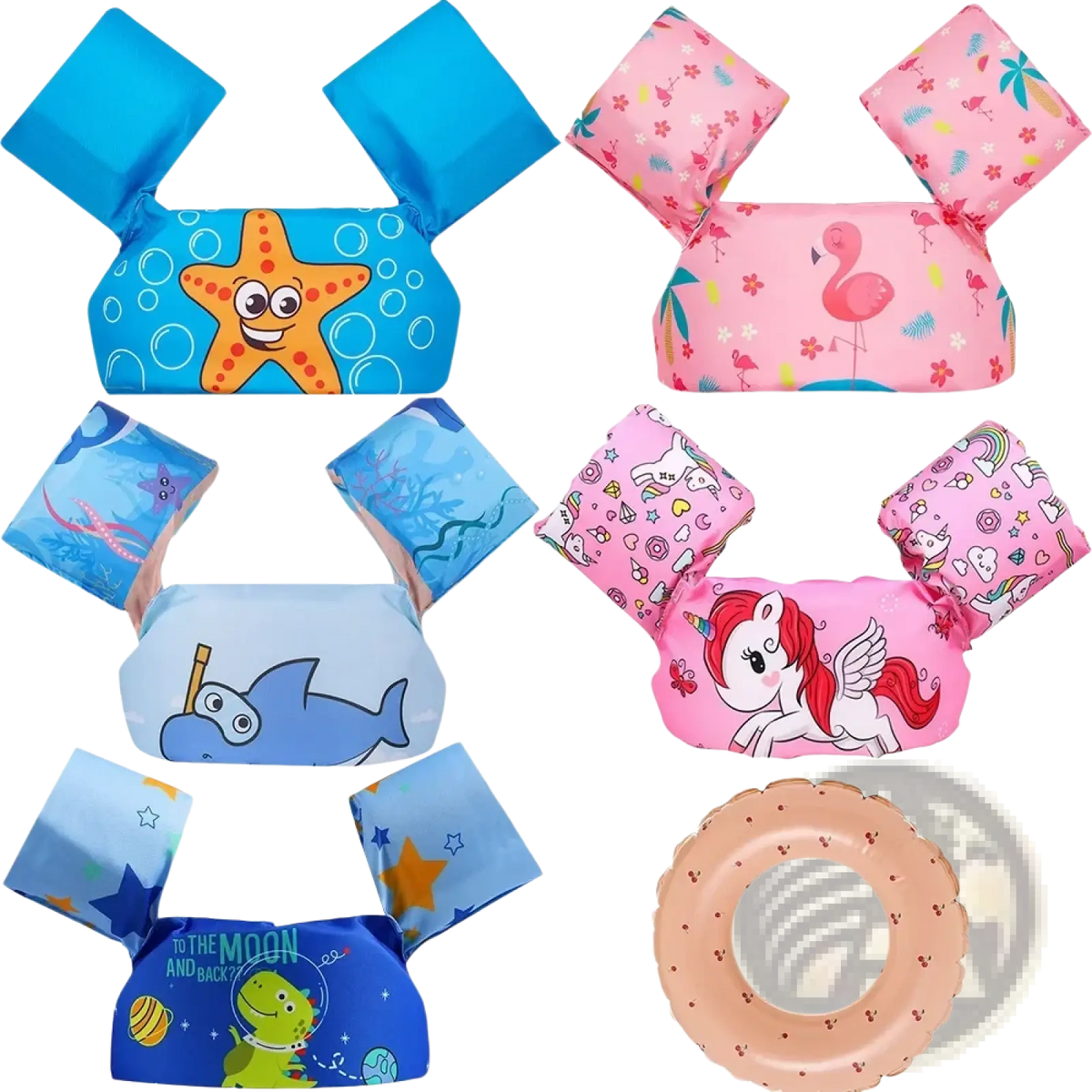 Kids foam swim armbands shark float vest featuring pink unicorn-themed inflatable foam with star and rainbow patterns