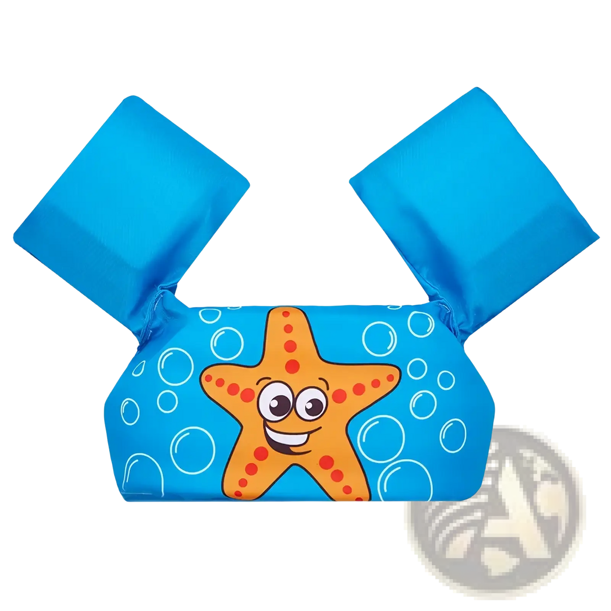 Blue inflatable kids foam swim armbands with cartoon orange starfish and white bubble design for swimming safety
