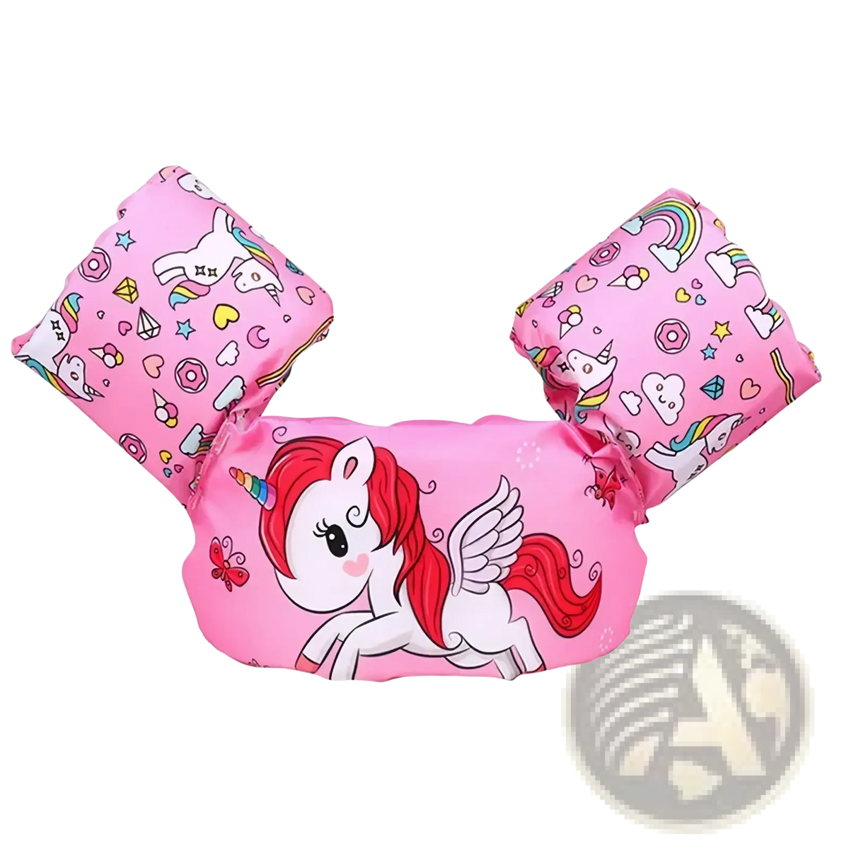 Pink inflatable foam swim armbands with cartoon unicorn and colorful patterns for kids shark float vest