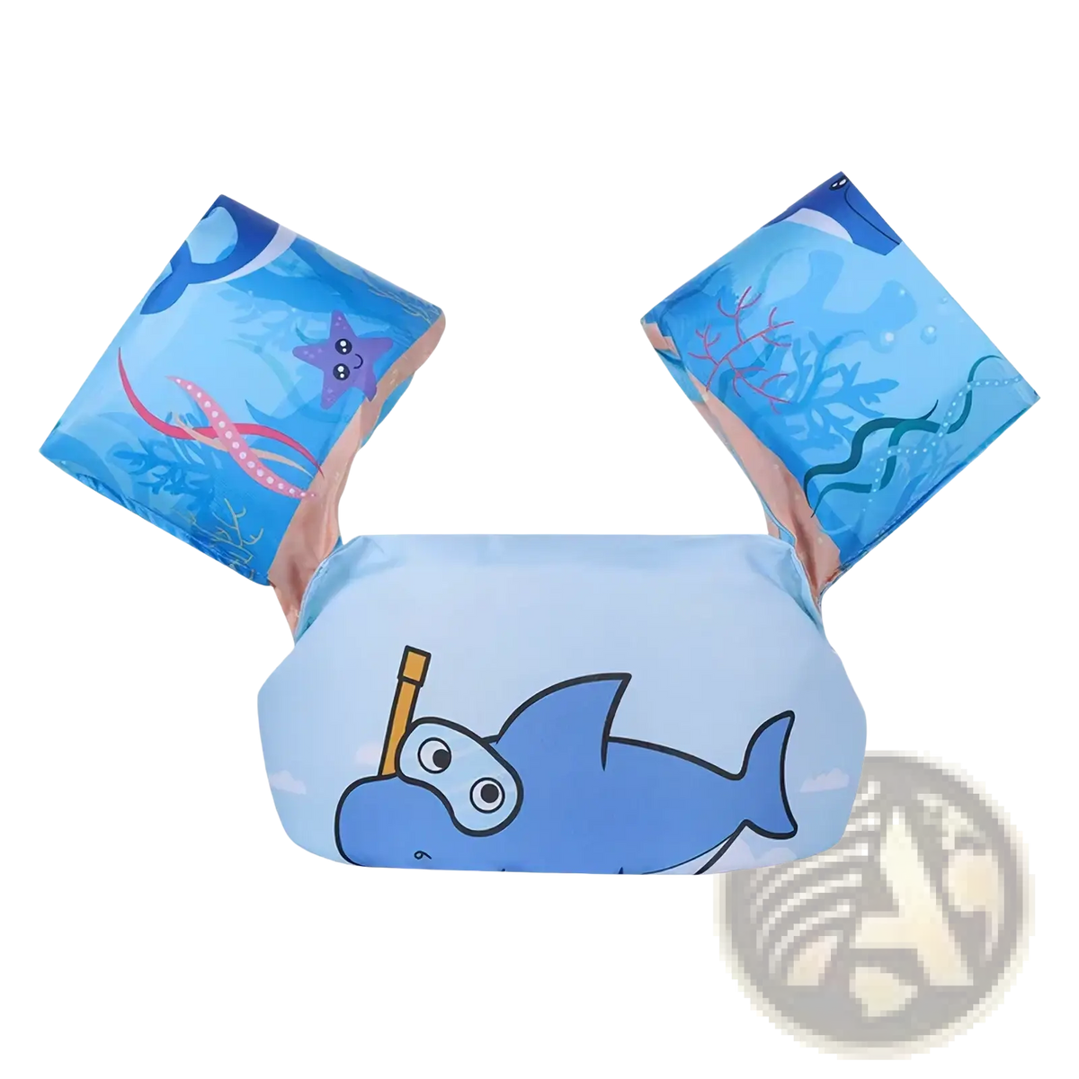 Blue inflatable foam swim armbands for kids featuring shark and sea creature designs for water safety