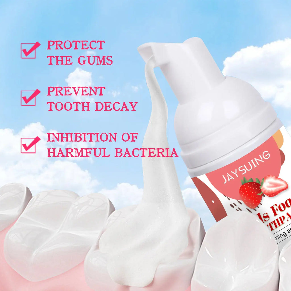 White foaming kids toothpaste dispenser with cavity protection and strawberry label by jaysuing in 60ml size