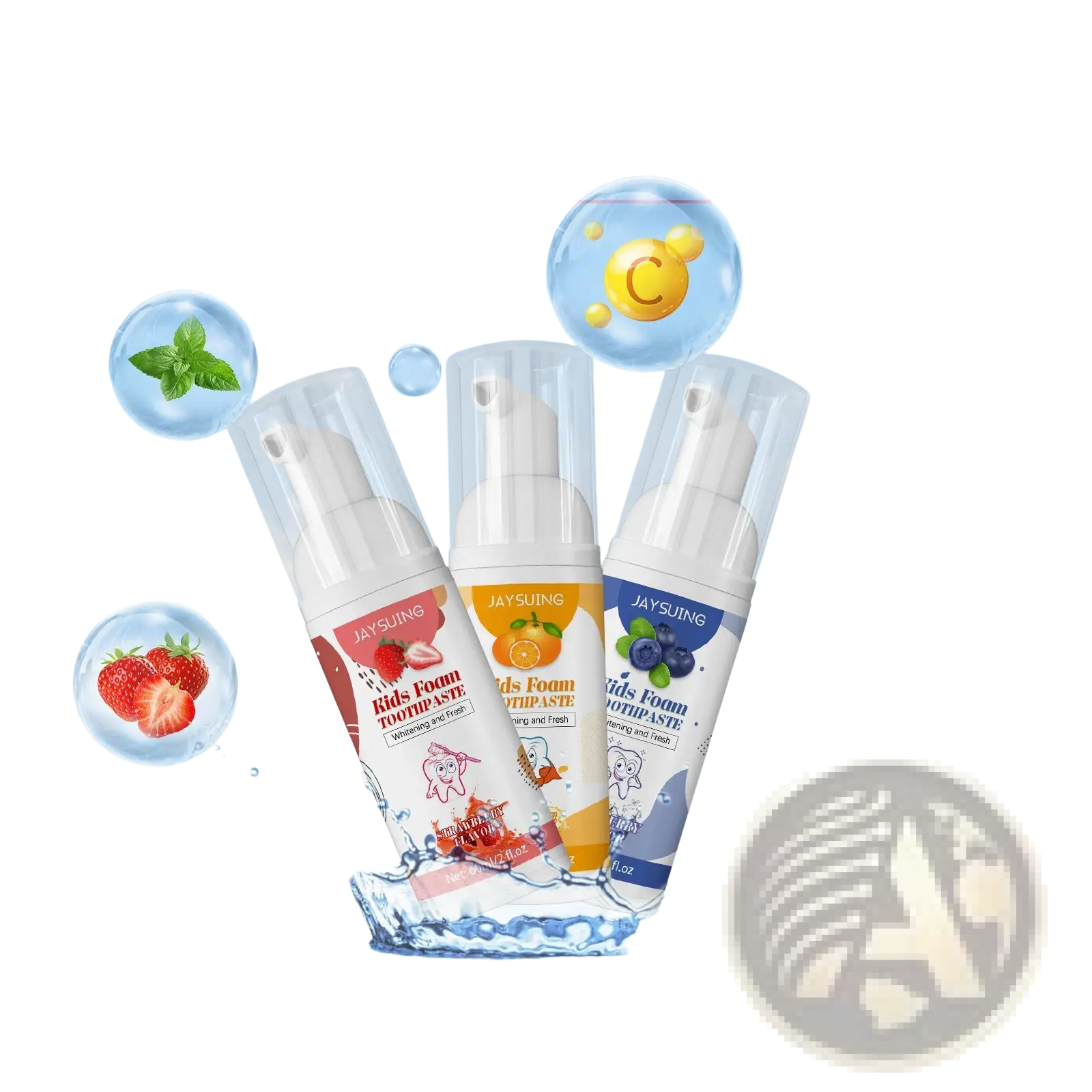Three jaysuing kids foam toothpaste spray bottles in strawberry red orange yellow and blueberry purple with cartoon teeth design