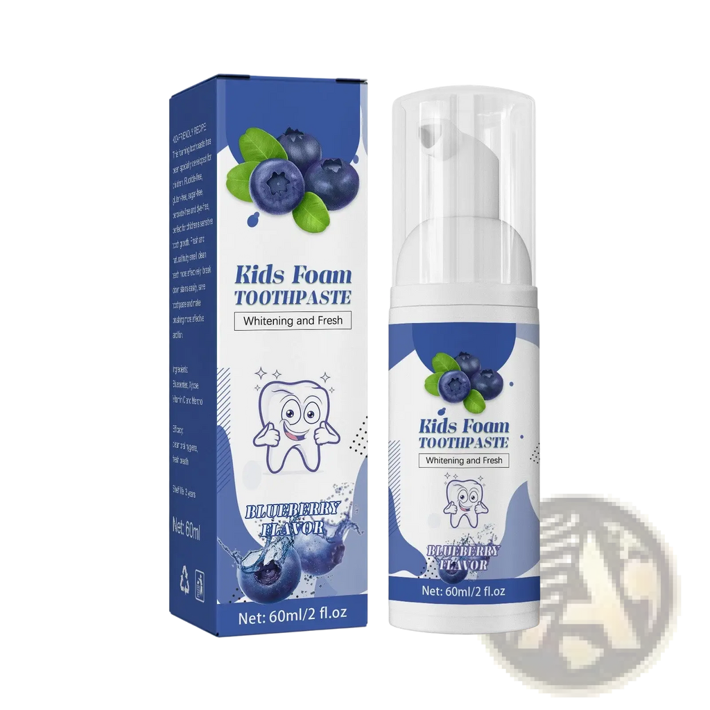 Kids foam toothpaste 60ml cavity protection blueberry flavor in white pump bottle with blue and green packaging design