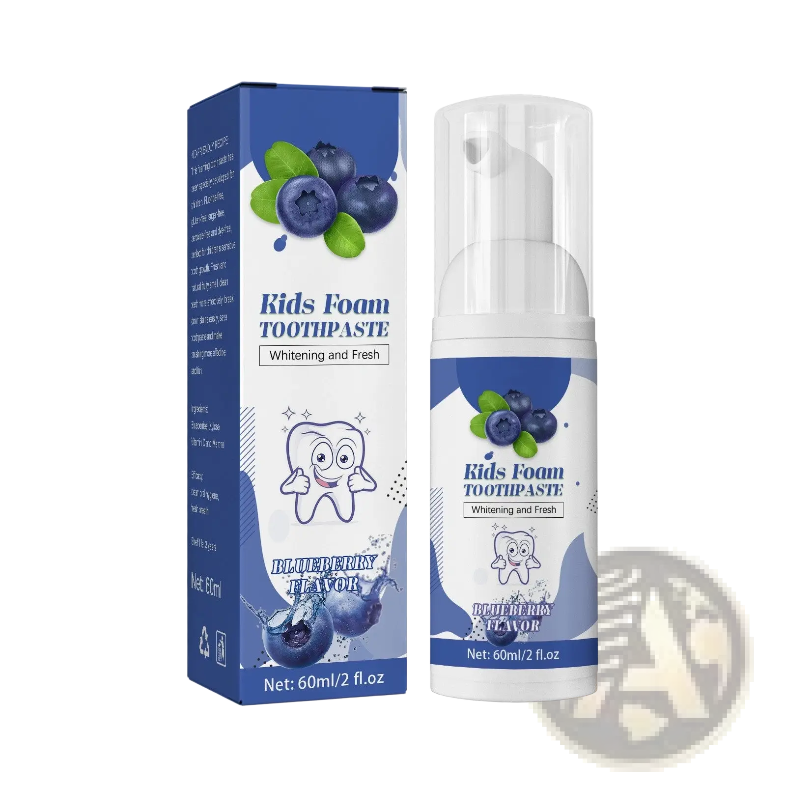 Kids foam toothpaste 60ml cavity protection blueberry flavor in white pump bottle with blue and green packaging design