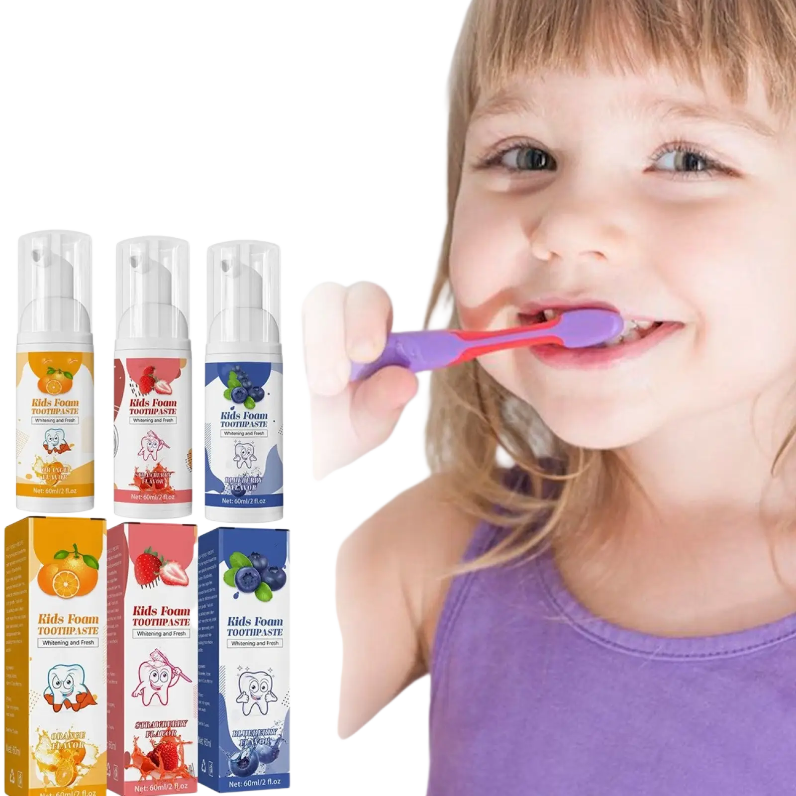 Three bottles of kids foam toothpaste in orange strawberry and blueberry flavors with pump tops for cavity protection